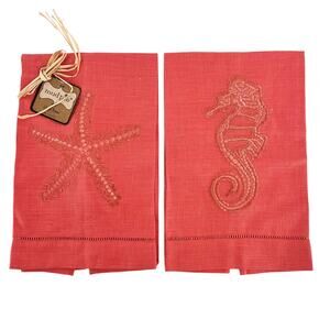 Mud Pie Linen Coastal Tea Towels Coral Embroidered Seahorse Starfish